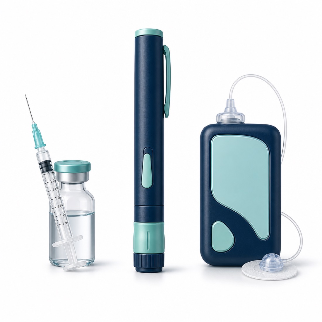 Three insulin delivery devices: a vial with syringe, an insulin pen and an insulin pump