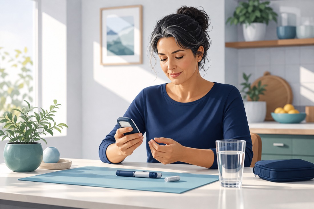 A person calmly checking a blood glucose meter at home, with an insulin pen and a glass of water nearby