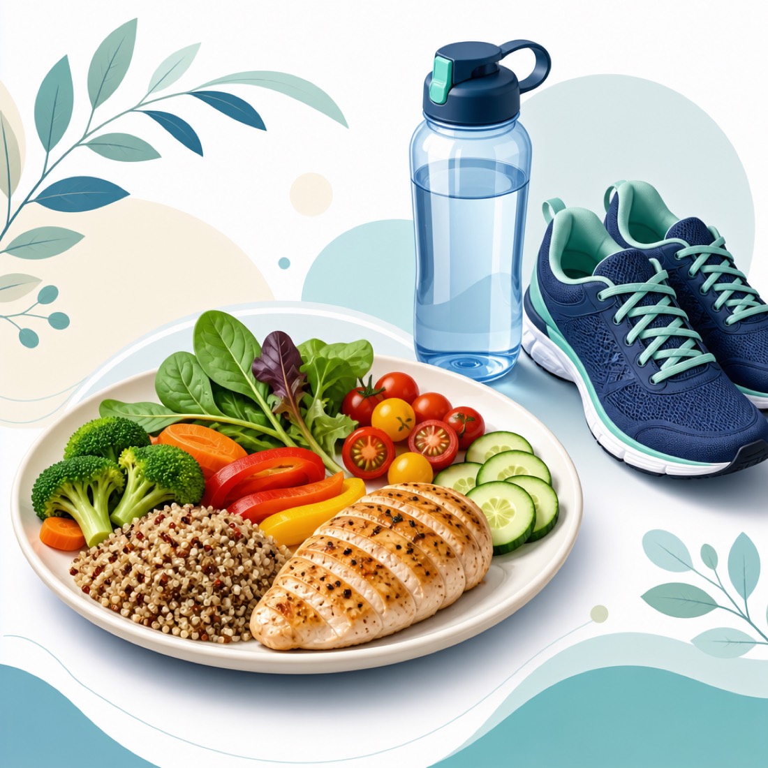A balanced healthy plate with vegetables and grains beside a water bottle and walking shoes