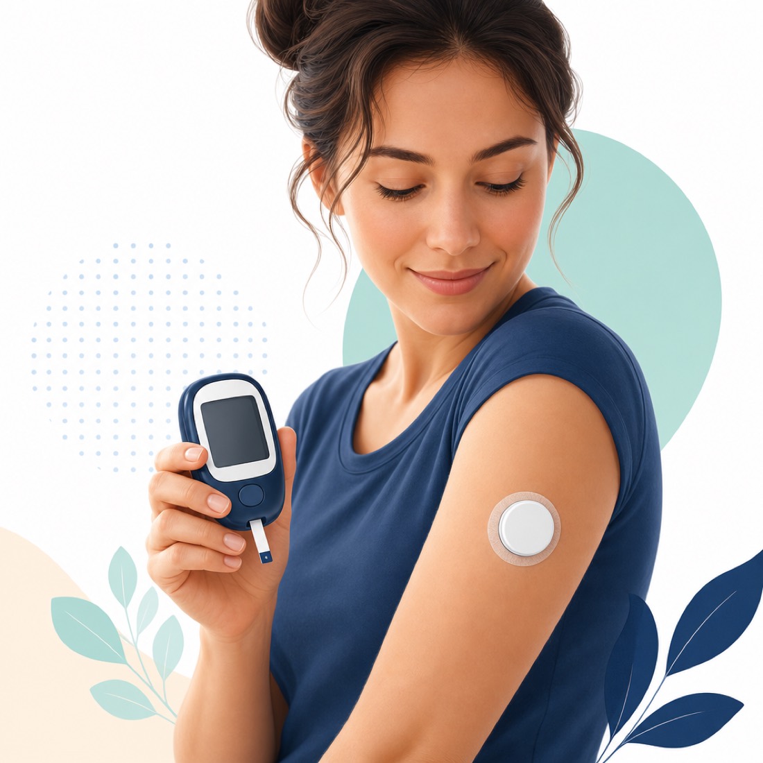 A person holding a blood glucose meter, with a continuous glucose monitor sensor on the upper arm