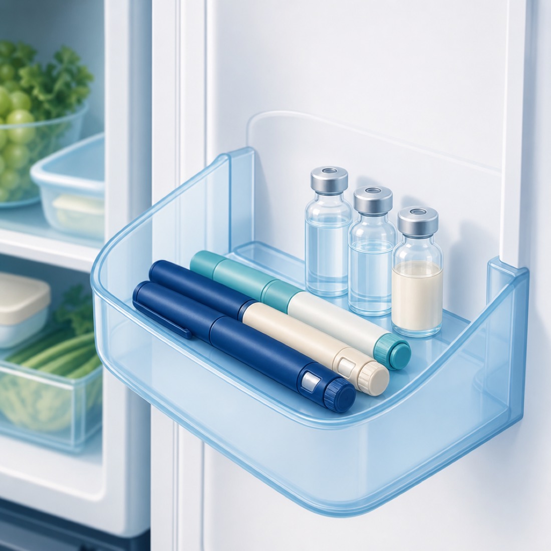 Insulin pens and vials stored on the door shelf of a refrigerator