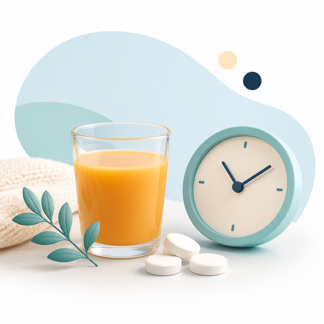A glass of orange juice, glucose tablets and a clock, illustrating treating a low blood sugar